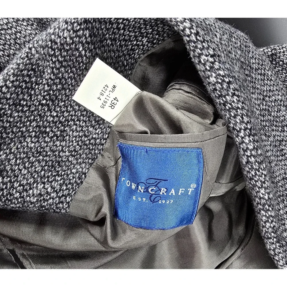 Vtg Towncraft 100% Shetland‎ Wool Blazer 43R Sport Coat Gray Black 70s Office
